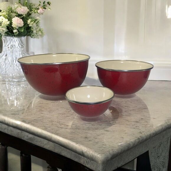 Paula Deen Enamel Mixing Bowl Set of 3 Red Speckle Pattern 3qt, 1.5qt, 0.375qt - Picture 1 of 12